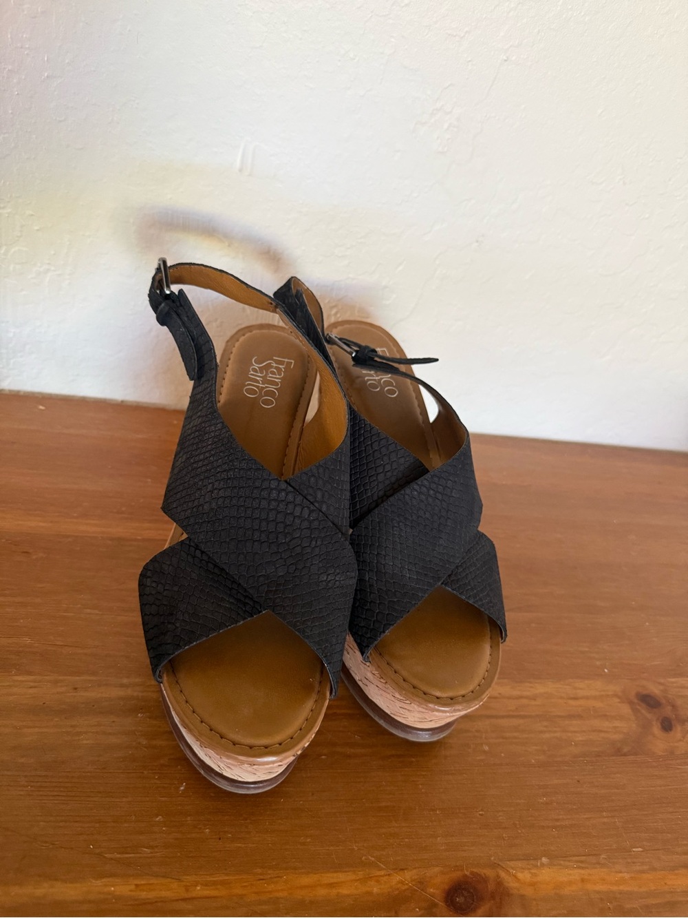 Franco Sarto Black Textured Crisscross Wedge Sandals